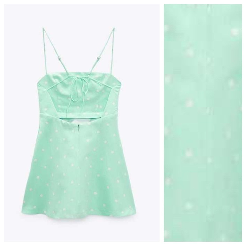 🌹NWT. Zara Green Linen Polka Dot Mini Dress. Size S. - Picture 3 of 9